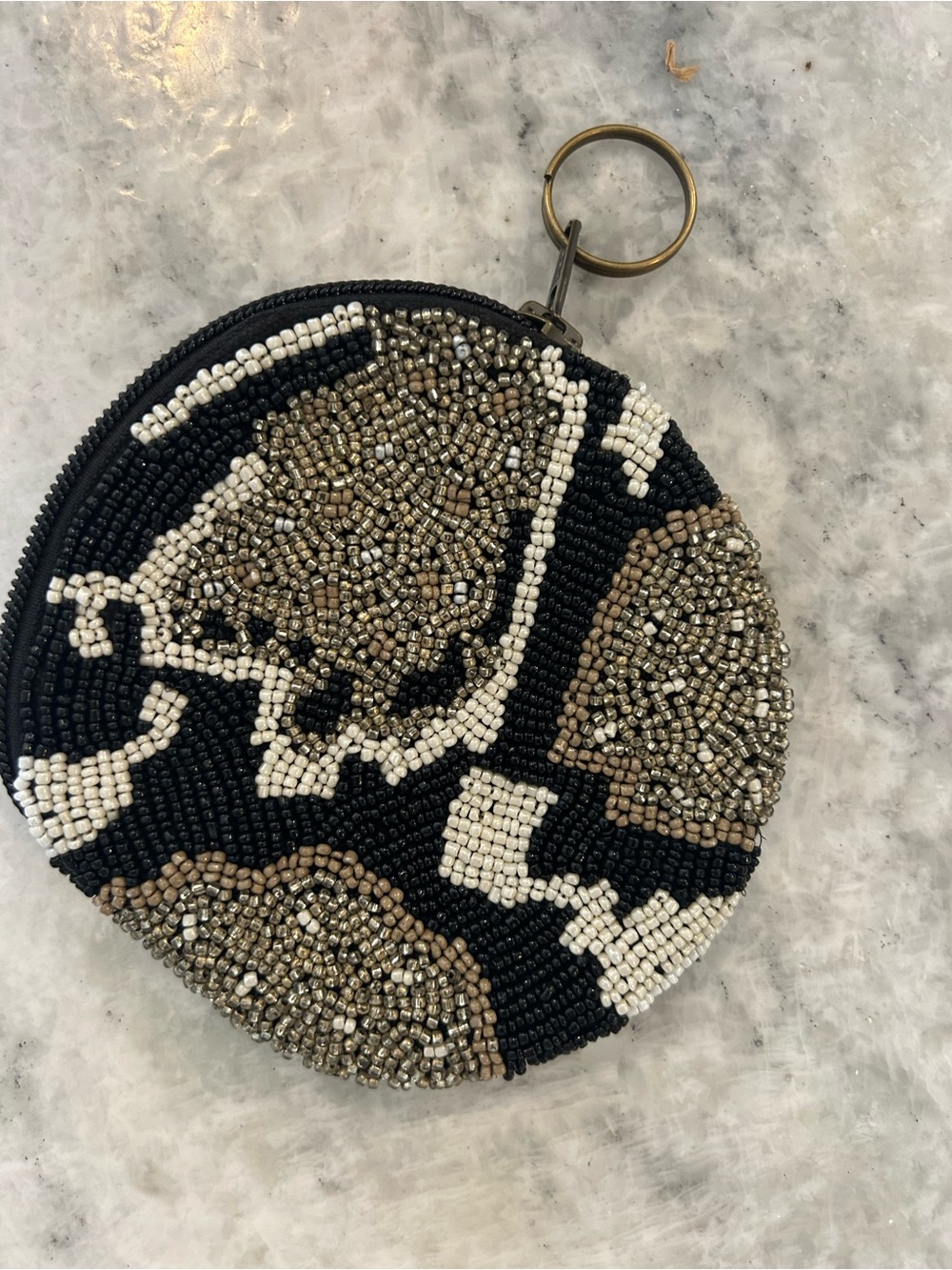 Beaded Round Coin Pouch Keyring - Black, White & Metallic Taupe